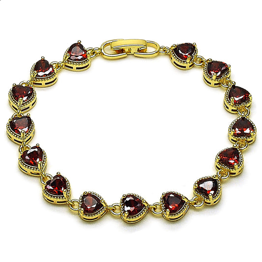 Oro Laminado Tennis Bracelet, Gold Filled Style Heart Design, with Garnet Cubic Zirconia, Polished, Golden Finish