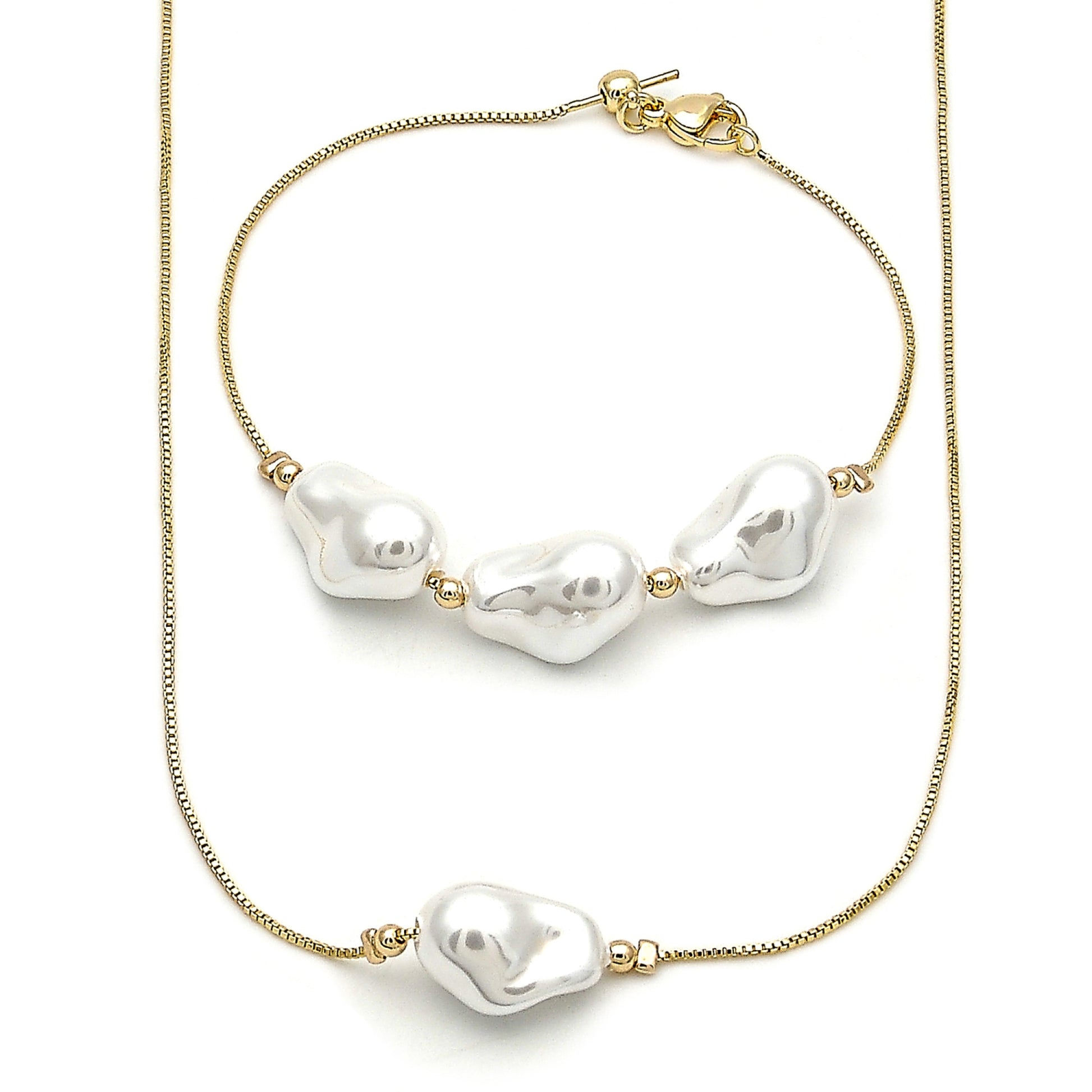 Oro Laminado Necklace and Bracelet, Gold Filled Style Box Design, with Ivory Pearl, Polished, Golden Finish