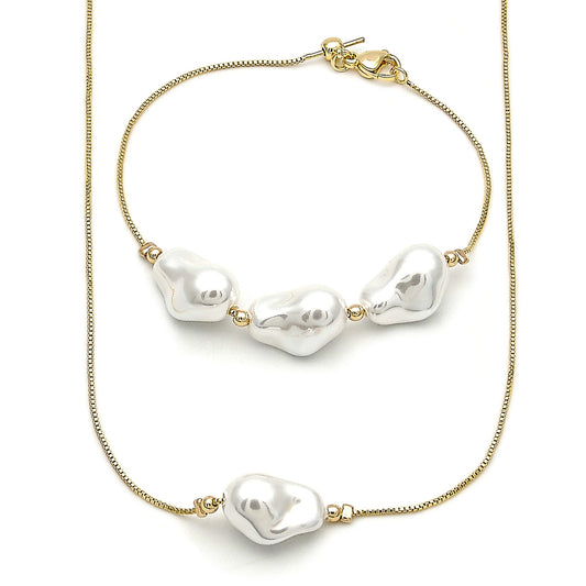 Oro Laminado Necklace and Bracelet, Gold Filled Style Box Design, with Ivory Pearl, Polished, Golden Finish