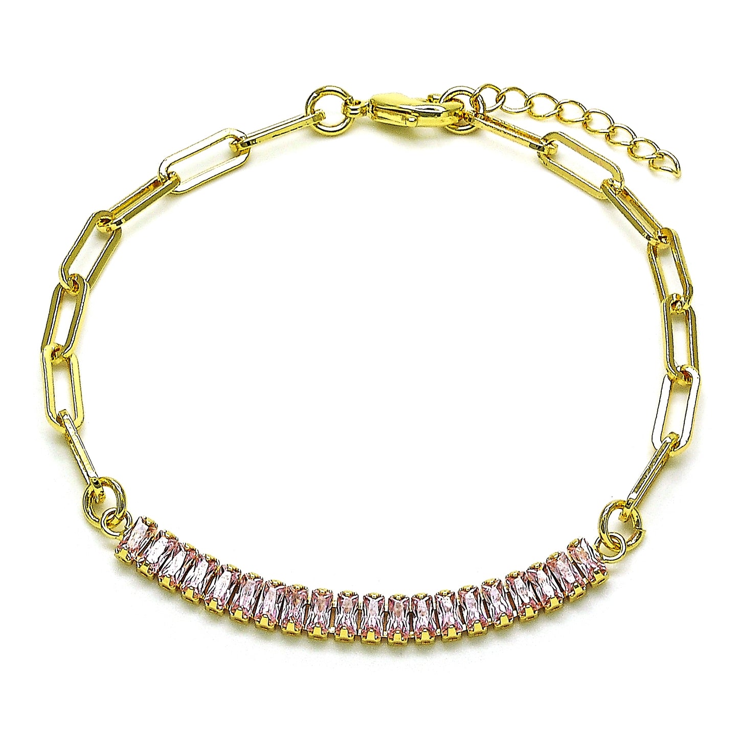 Oro Laminado Fancy Bracelet, Gold Filled Style Paperclip Design, with Pink Cubic Zirconia, Polished, Golden Finish