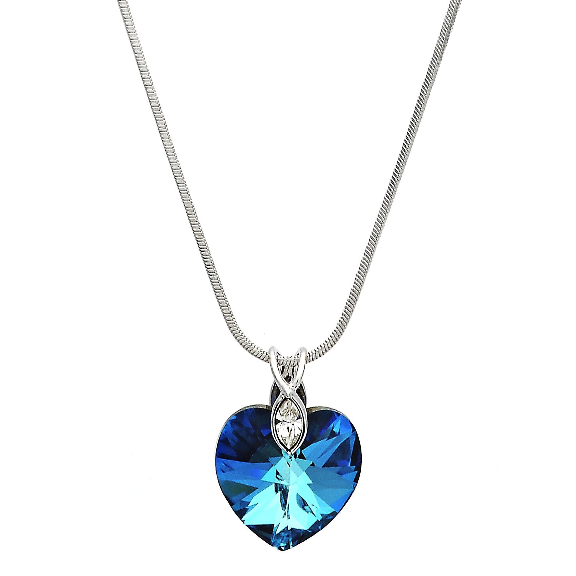Rhodium Plated Pendant Necklace, Heart and Rat Tail Design, with Bermuda Blue Swarovski Crystals and White Crystal, Polished, Rhodium Finish