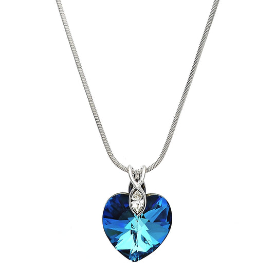 Rhodium Plated Pendant Necklace, Heart and Rat Tail Design, with Bermuda Blue Swarovski Crystals and White Crystal, Polished, Rhodium Finish