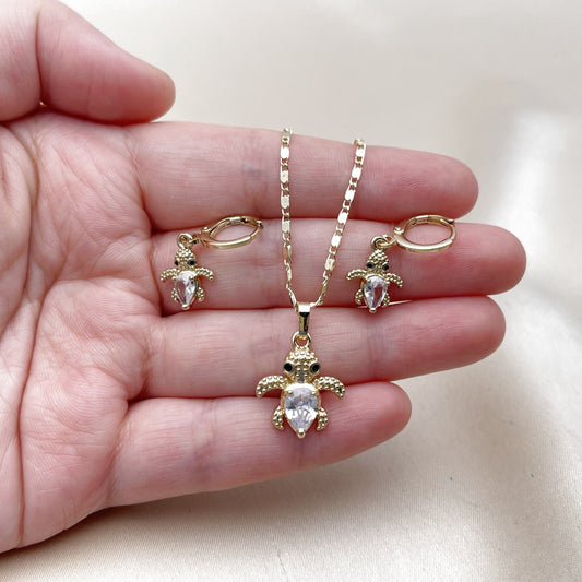 Oro Laminado Earring and Pendant Adult Set, Gold Filled Style Turtle Design, with White and Black Cubic Zirconia, Polished, Golden