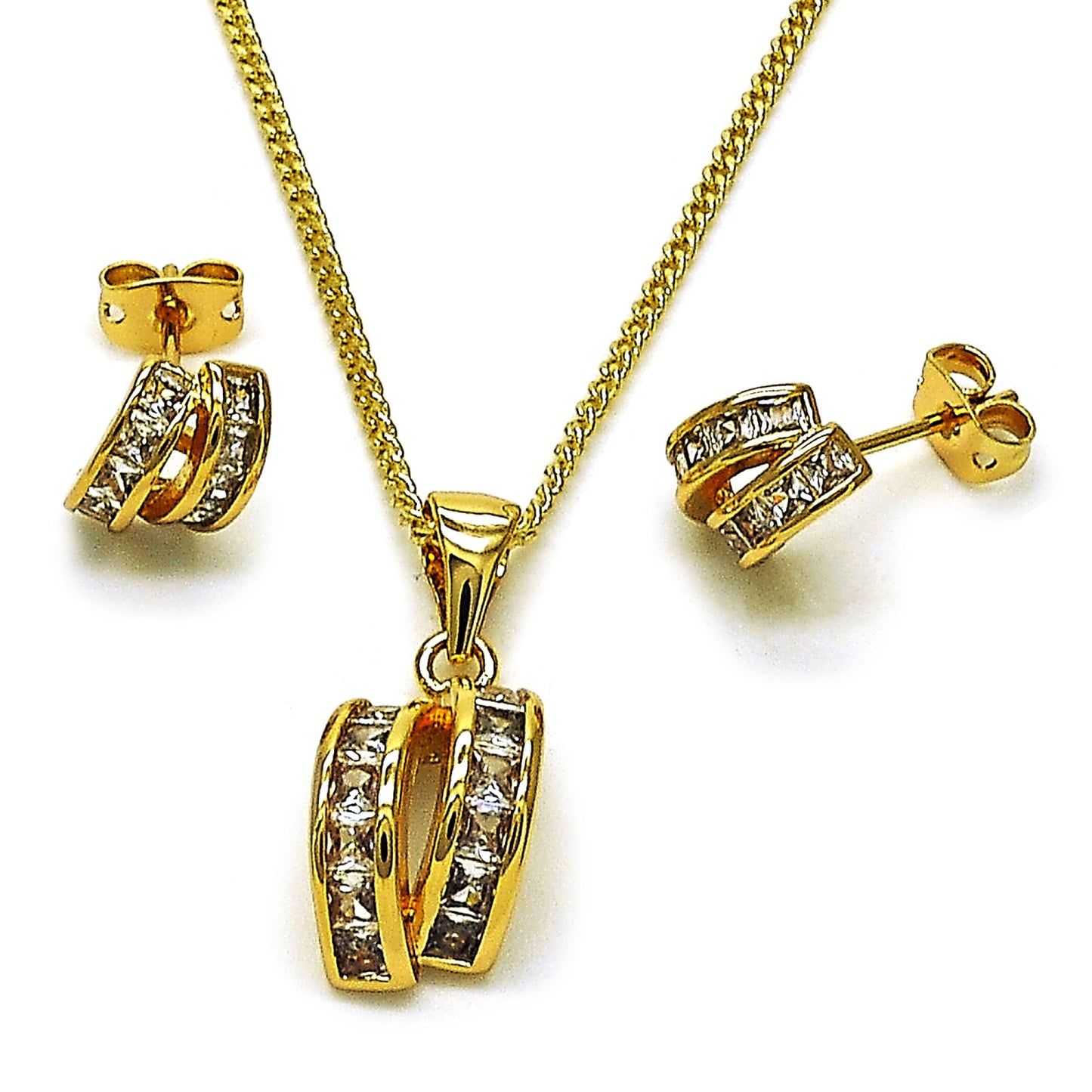 Oro Laminado Earring and Pendant Adult Set, Gold Filled Style with White Cubic Zirconia, Polished, Golden Finish