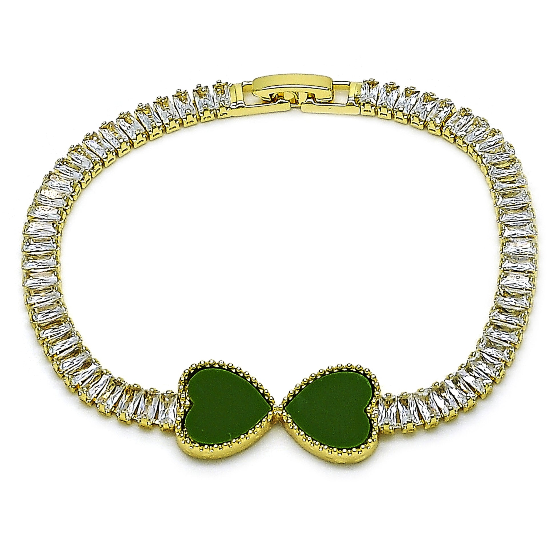 Oro Laminado Fancy Bracelet, Gold Filled Style Heart and Baguette Design, with Light Green Mother of Pearl and White Cubic Zirconia, Polished, Golden Finish