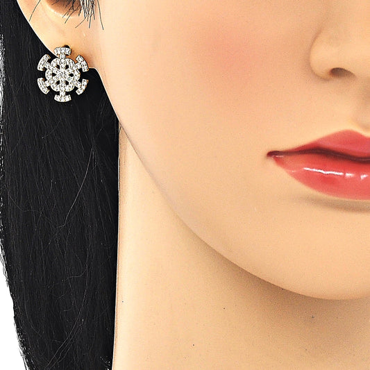 Oro Laminado Earring and Pendant Adult Set, Gold Filled Style Flower Design, with White Cubic Zirconia, Polished, Golden Finish