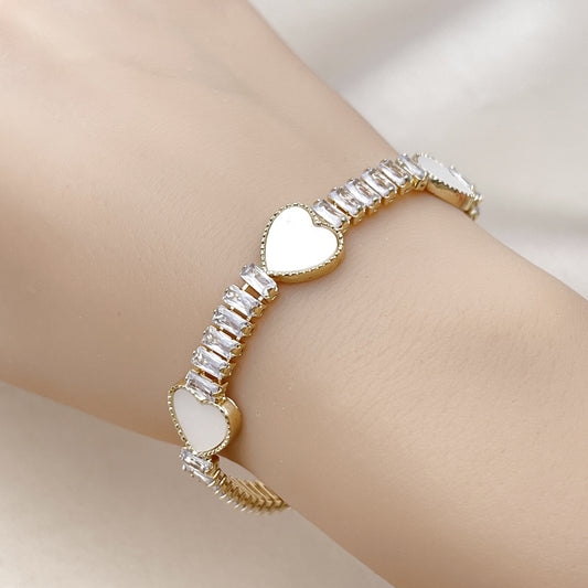 Oro Laminado Fancy Bracelet, Gold Filled Style Heart and Baguette Design, with Ivory Mother of Pearl and White Cubic Zirconia, Polished, Golden Finish