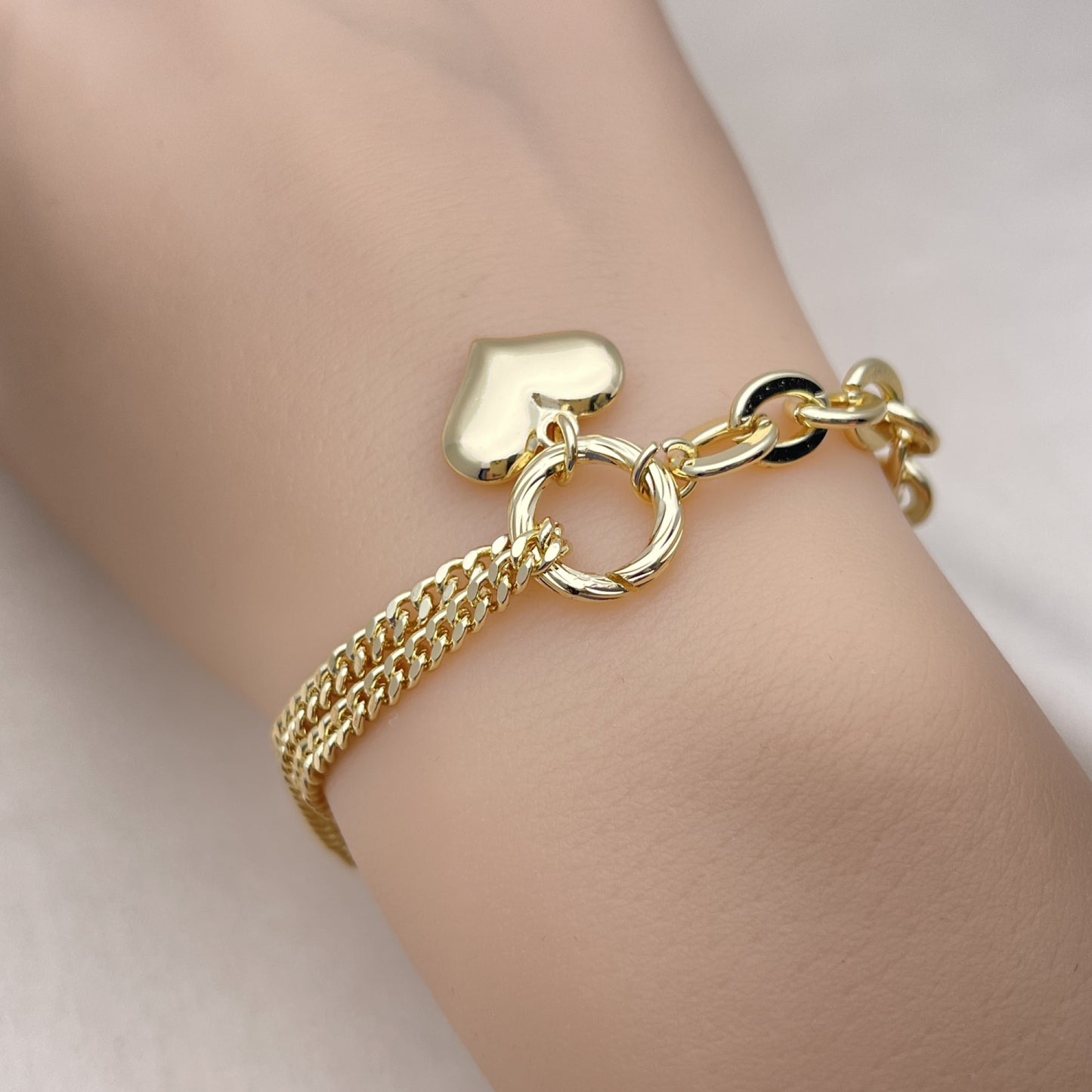 Oro Laminado Fancy Bracelet, Gold Filled Style Heart and Rolo Design, Polished, Golden Finish