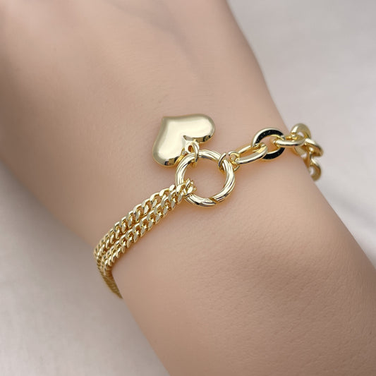 Oro Laminado Fancy Bracelet, Gold Filled Style Heart and Rolo Design, Polished, Golden Finish