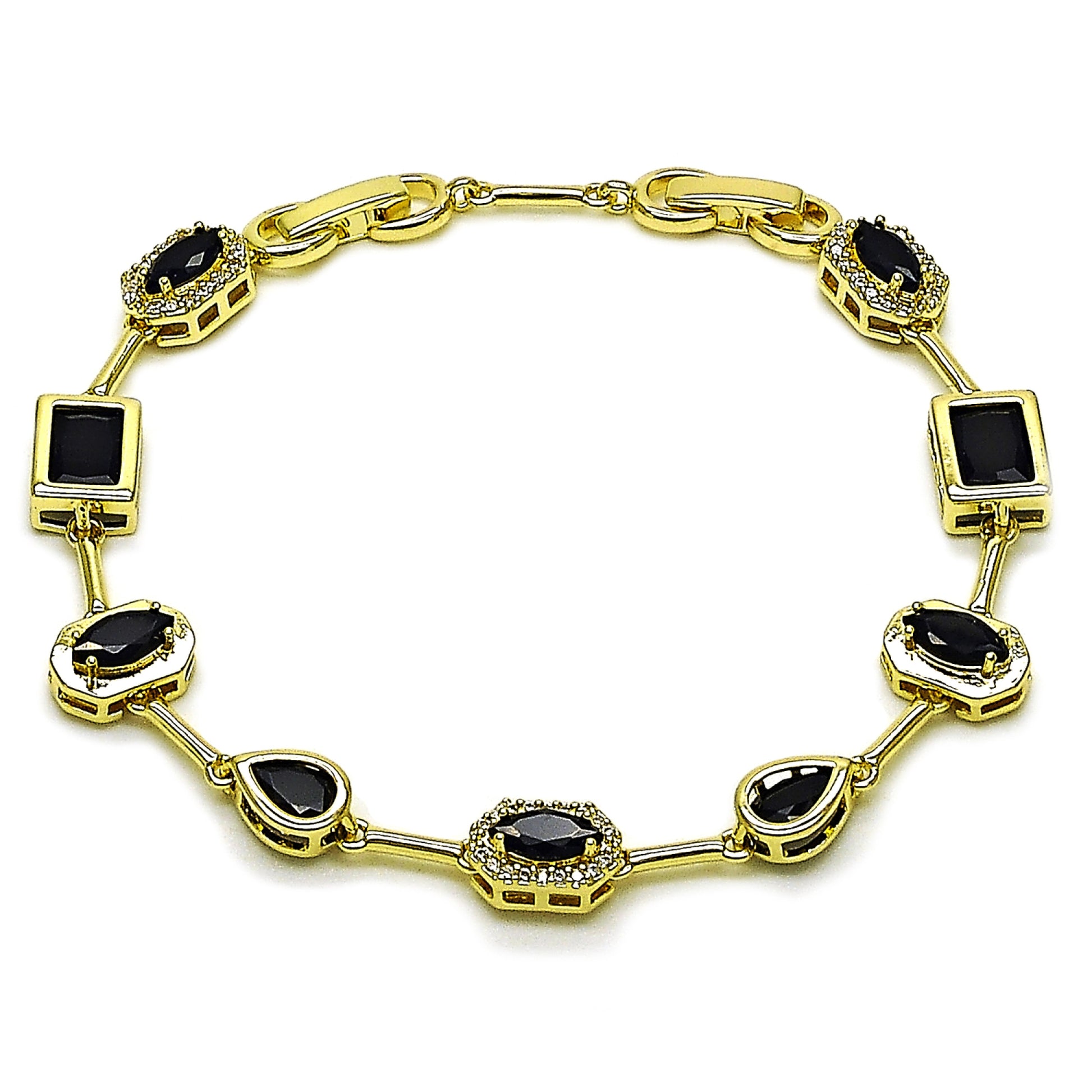 Gold Plated Gold Filled Oro Laminado Oro Laminado Tennis Bracelet, Gold Filled Style Teardrop and Cluster Design, with Black and White Cubic Zirconia, Polished, Golden 