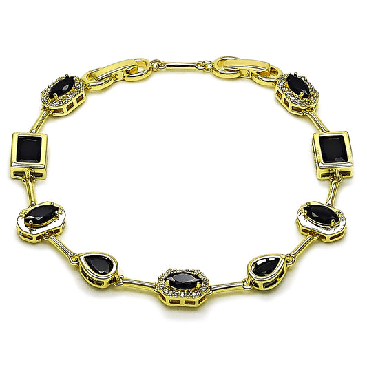 Gold Plated Gold Filled Oro Laminado Oro Laminado Tennis Bracelet, Gold Filled Style Teardrop and Cluster Design, with Black and White Cubic Zirconia, Polished, Golden 