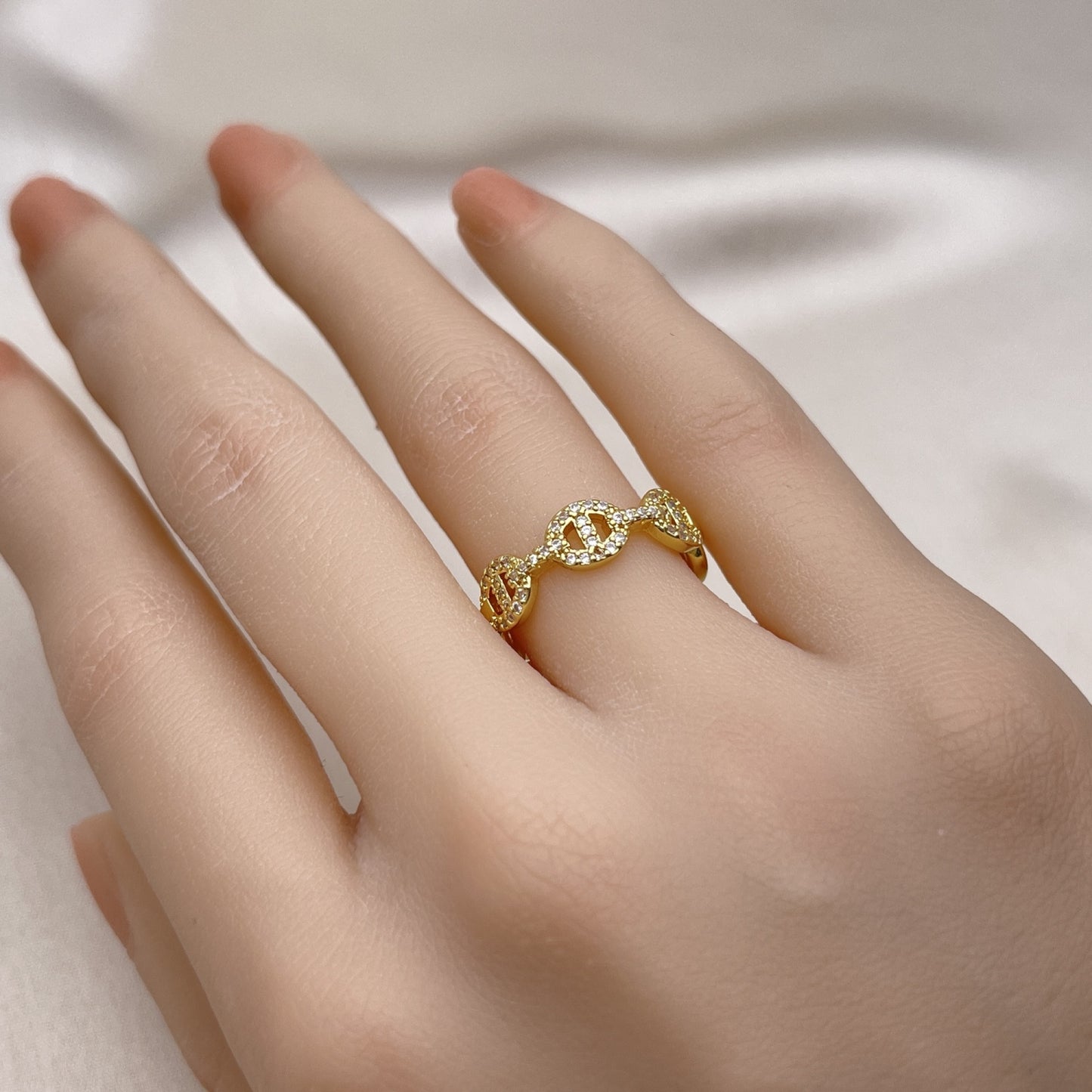 Oro Laminado Multi Stone Ring, Gold Filled Style Puff Mariner Design, with White Micro Pave, Polished, Golden Finish