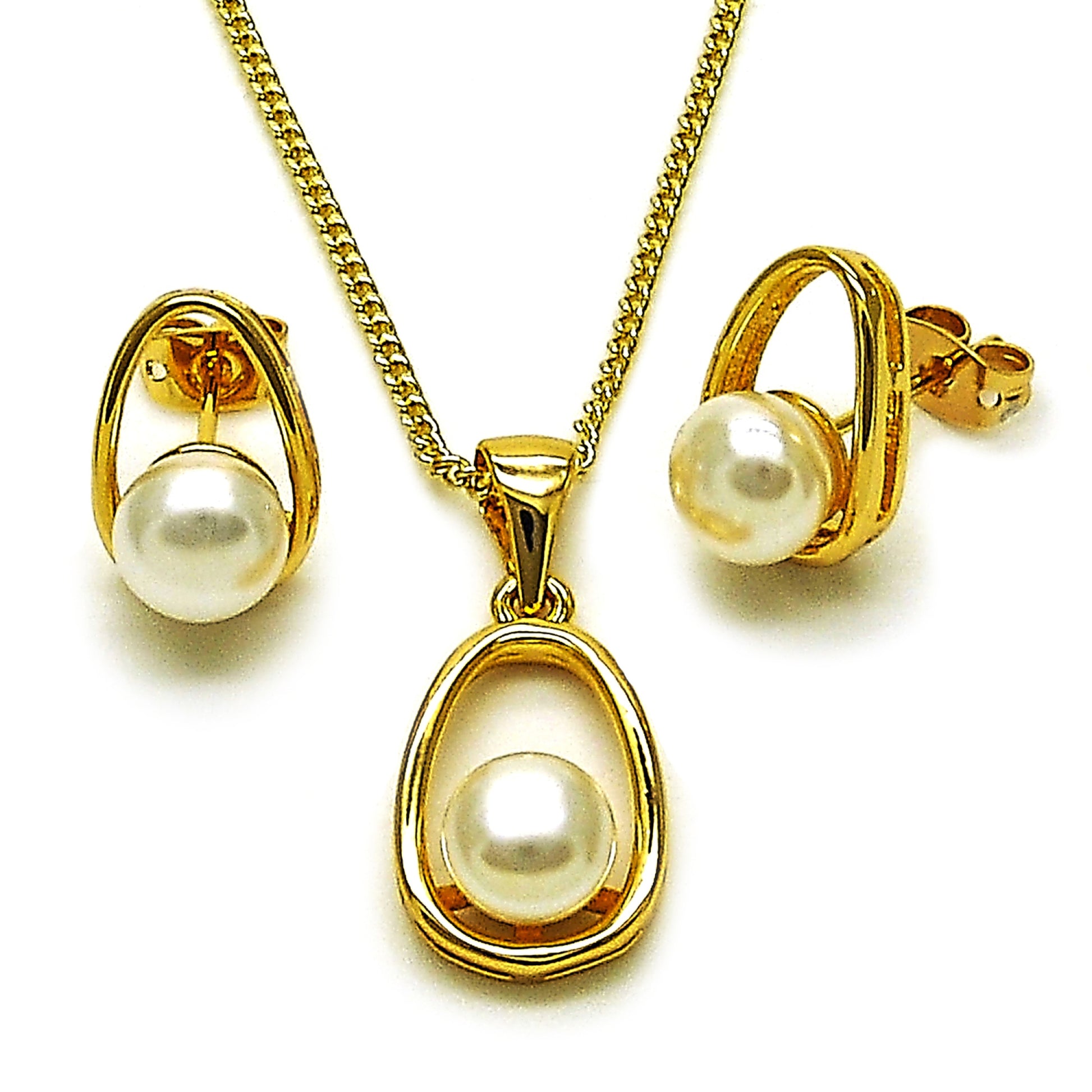 Gold Plated Gold Filled Oro Laminado Oro Laminado Earring and Pendant Adult Set, Gold Filled Style with Ivory Pearl, Polished, Golden 