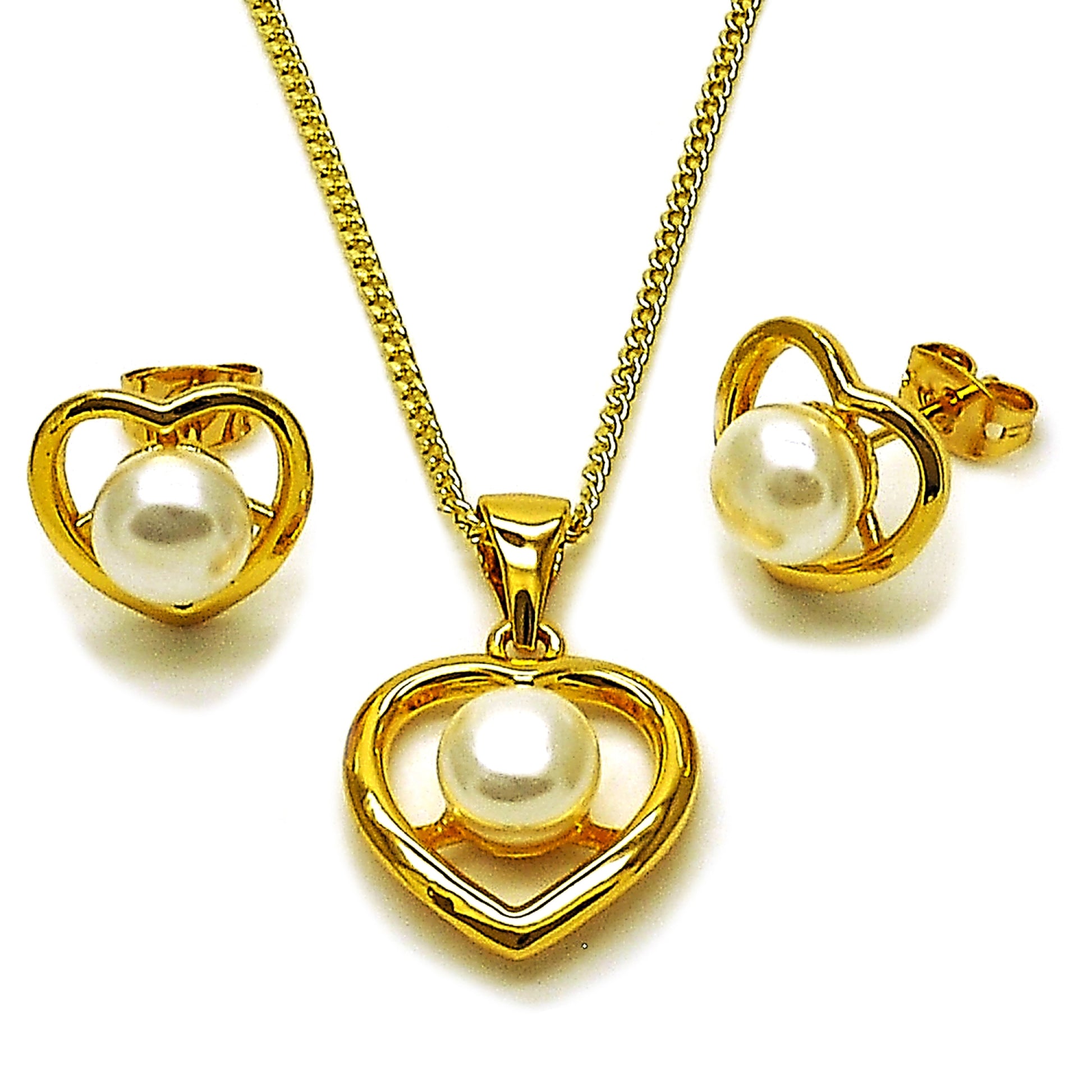 Gold Plated Gold Filled Oro Laminado Oro Laminado Earring and Pendant Adult Set, Gold Filled Style Heart and Ball Design, with Ivory Pearl, Polished, Golden 