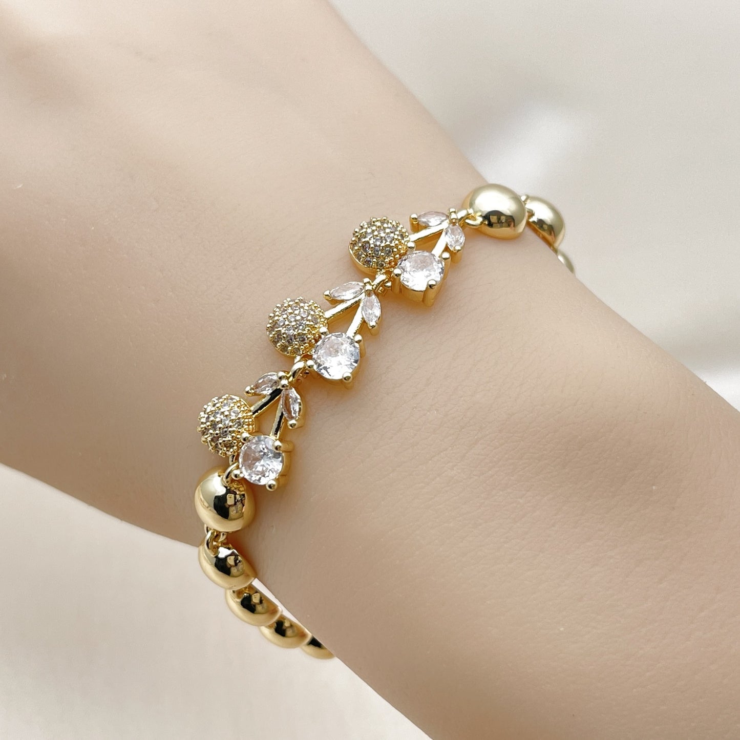Oro Laminado Fancy Bracelet, Gold Filled Style Cherry and Ball Design, with White Cubic Zirconia and White Micro Pave, Polished, Golden