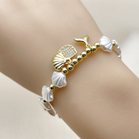 Oro Laminado Fancy Bracelet, Gold Filled Style Shell and Fish Design, with Ivory Pearl and White Micro Pave, Polished, Golden Finish