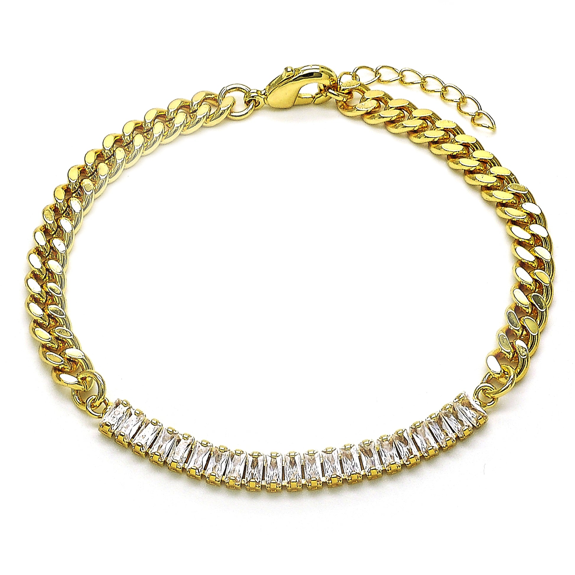 Oro Laminado Fancy Bracelet, Gold Filled Style Miami Cuban Design, with White Cubic Zirconia, Polished, Golden Finish