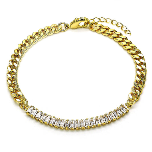 Oro Laminado Fancy Bracelet, Gold Filled Style Miami Cuban Design, with White Cubic Zirconia, Polished, Golden Finish