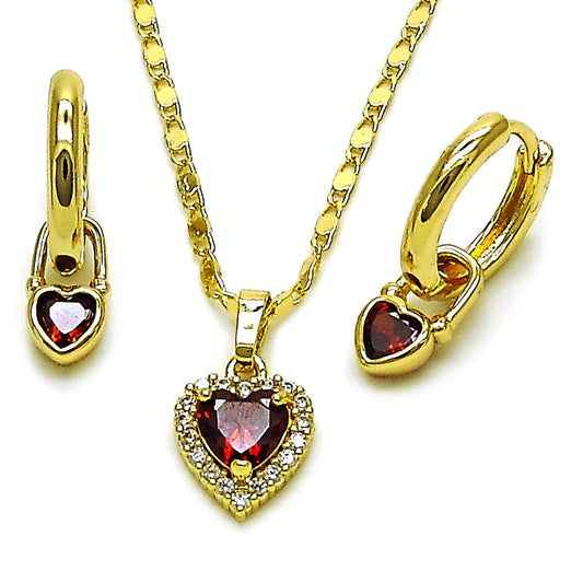 Gold Plated Gold Filled Oro Laminado Oro Laminado Earring and Pendant Adult Set, Gold Filled Style Heart and Cluster Design, with Garnet and White Cubic Zirconia, Polished, Golden 