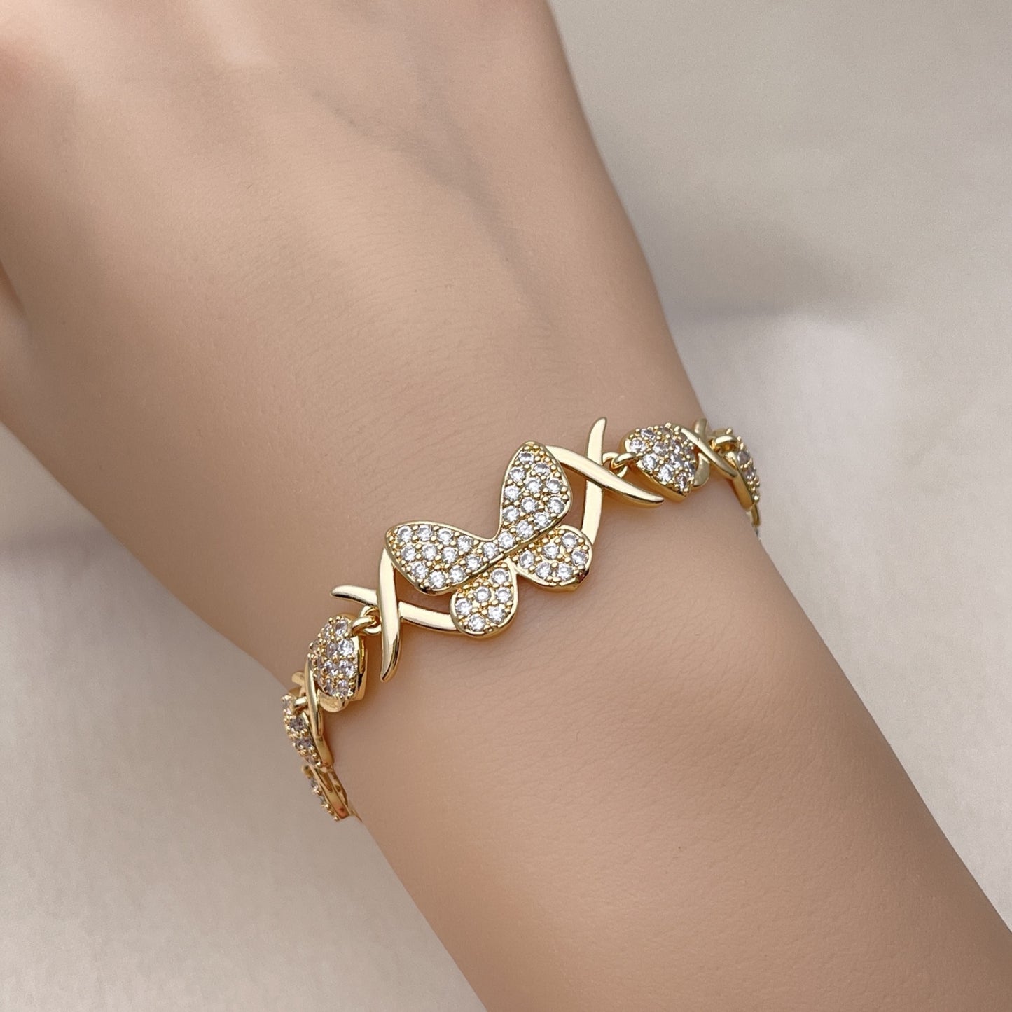 Oro Laminado Fancy Bracelet, Gold Filled Style Hugs and Kisses and Butterfly Design, with White Micro Pave, Polished, Golden