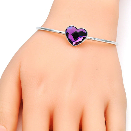 Rhodium Plated Individual Bangle, Heart Design, with Rose Swarovski Crystals, Polished, Rhodium Finish