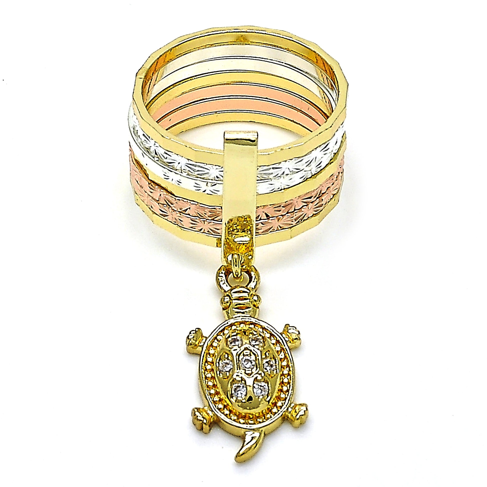 Oro Laminado Multi Stone Ring, Gold Filled Style Semanario and Turtle Design, with White Cubic Zirconia, Diamond Cutting Finish