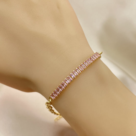 Oro Laminado Fancy Bracelet, Gold Filled Style Puff Mariner Design, with Pink Cubic Zirconia, Polished, Golden Finish