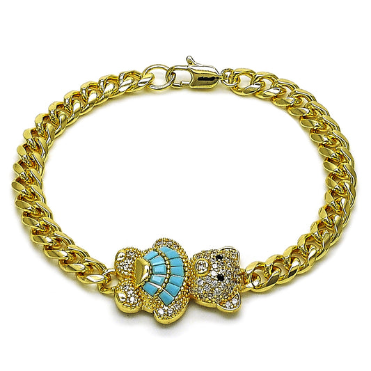 Gold Plated Gold Filled Oro Laminado Oro Laminado Fancy Bracelet, Gold Filled Style Teddy Bear and Miami Cuban Design, with White and Black Micro Pave, Polished, Golden 