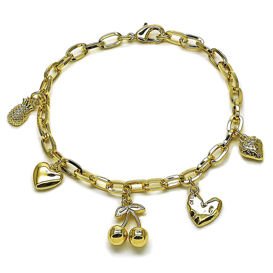 Gold Plated Gold Filled Oro Laminado Oro Laminado Charm Bracelet, Gold Filled Style Cherry and Heart Design, Polished, Golden 