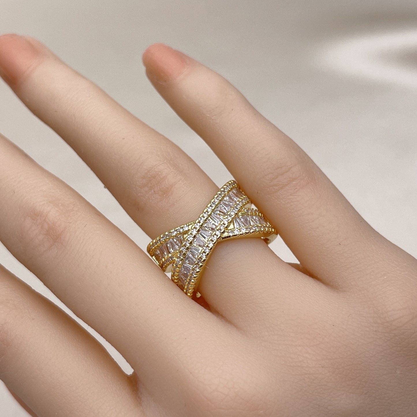 Oro Laminado Multi Stone Ring, Gold Filled Style Baguette Design, with White Cubic Zirconia and White Micro Pave, Polished, Golden Finish
