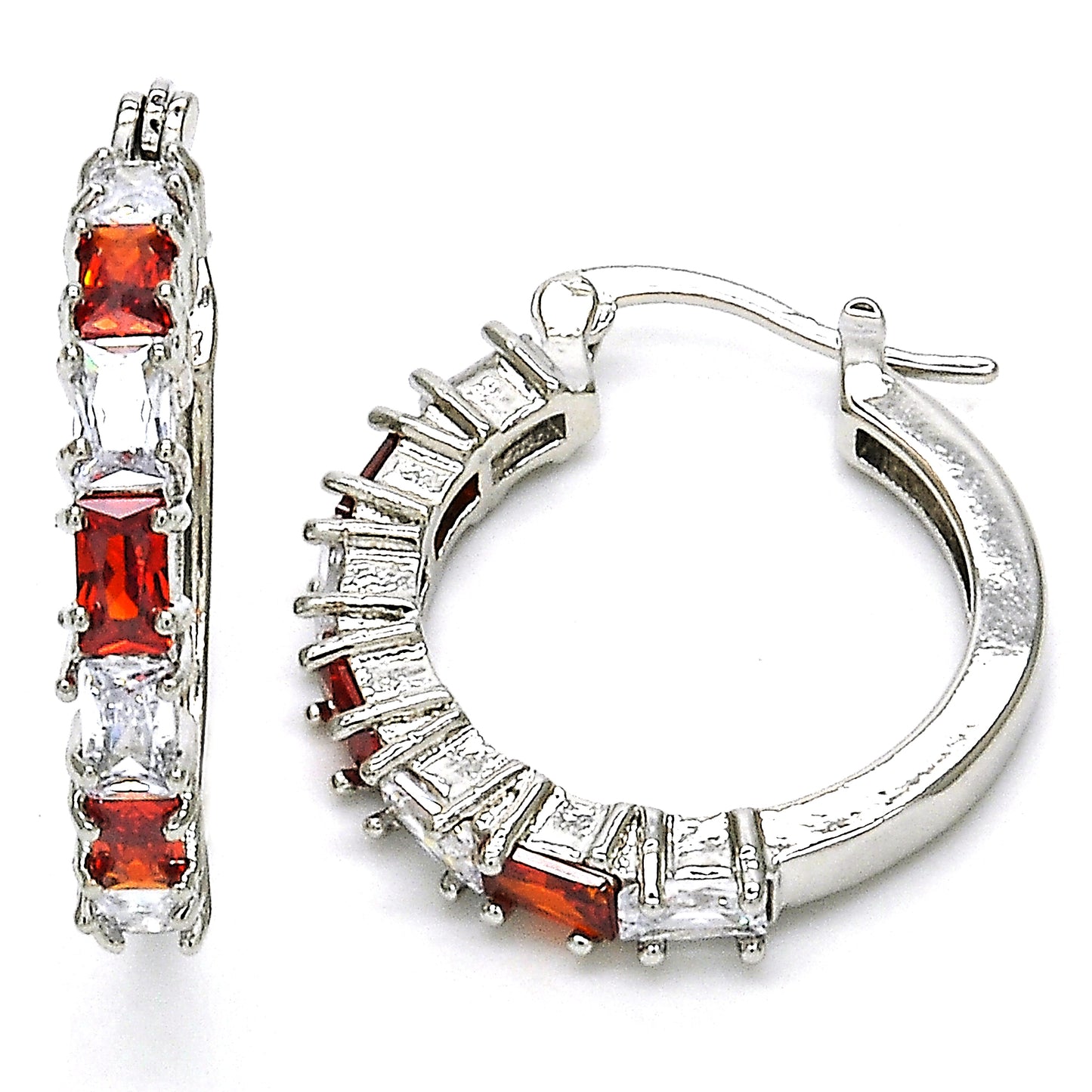 Rhodium Plated Small Hoop, with Garnet and White Cubic Zirconia, Polished, Rhodium Finish