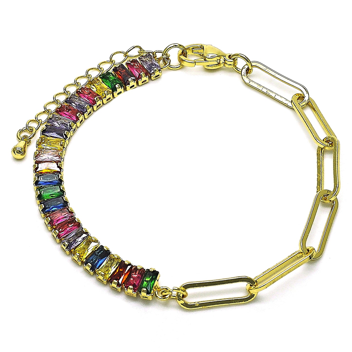 Oro Laminado Fancy Bracelet, Gold Filled Style Paperclip Design, with Multicolor Cubic Zirconia, Polished, Golden Finish