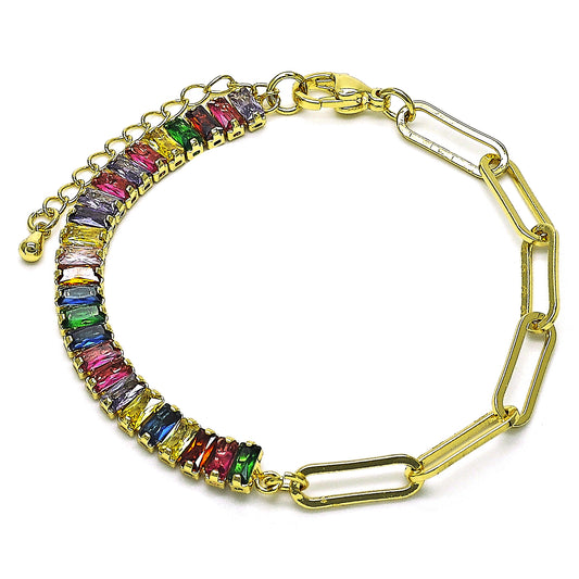 Oro Laminado Fancy Bracelet, Gold Filled Style Paperclip Design, with Multicolor Cubic Zirconia, Polished, Golden Finish