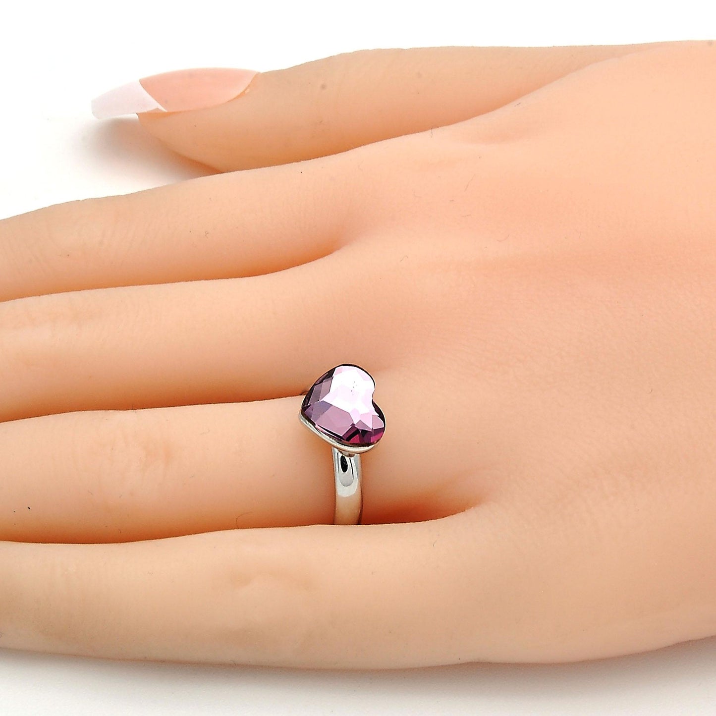 Rhodium Plated Multi Stone Ring, Heart Design, with Antique Pink Swarovski Crystals, Polished, Rhodium Finish