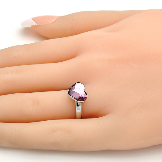 Rhodium Plated Multi Stone Ring, Heart Design, with Antique Pink Swarovski Crystals, Polished, Rhodium Finish