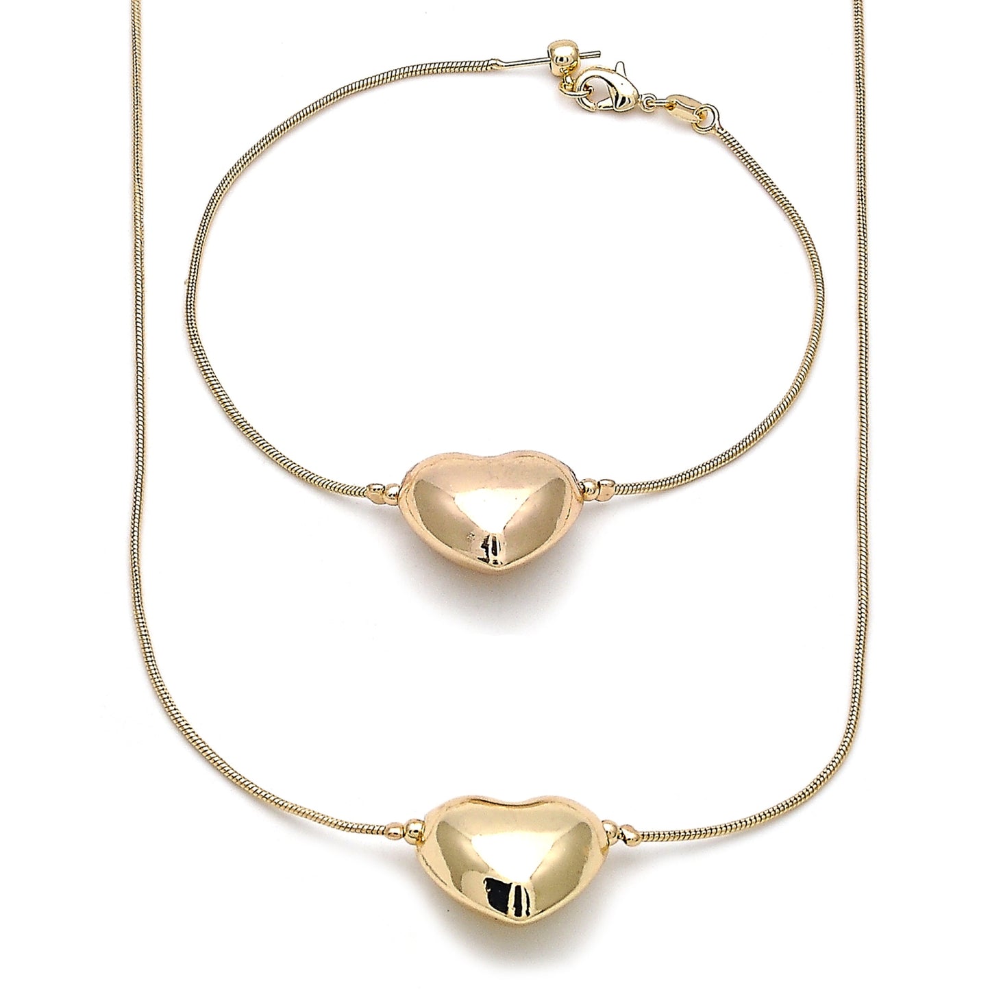 Oro Laminado Necklace and Bracelet, Gold Filled Style Heart and Rat Tail Design, Polished, Golden Finish