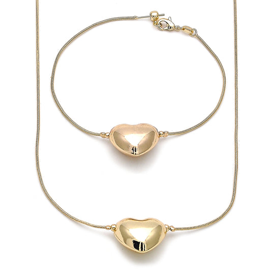 Oro Laminado Necklace and Bracelet, Gold Filled Style Heart and Rat Tail Design, Polished, Golden Finish