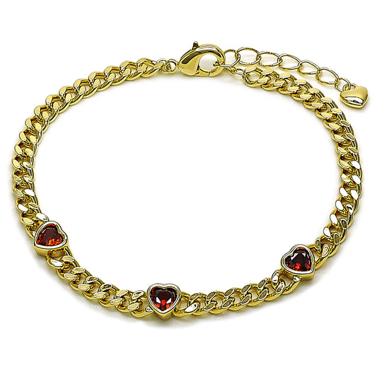 Gold Plated Gold Filled Oro Laminado Oro Laminado Fancy Bracelet, Gold Filled Style Heart and Miami Cuban Design, with Garnet Cubic Zirconia, Polished, Golden 