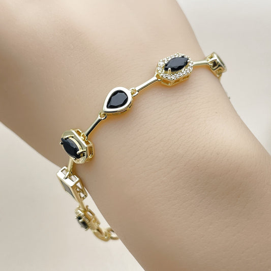 Oro Laminado Tennis Bracelet, Gold Filled Style Teardrop and Cluster Design, with Black and White Cubic Zirconia, Polished, Golden