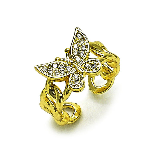 Gold Plated Gold Filled Oro Laminado Oro Laminado Multi Stone Ring, Gold Filled Style Butterfly and Miami Cuban Design, with White Cubic Zirconia, Polished, Golden 