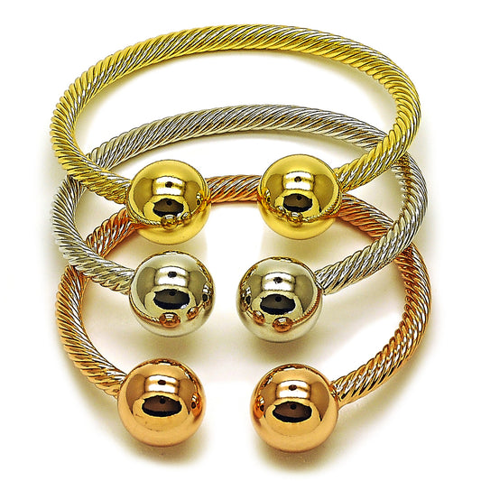 Gold Plated Gold Filled Oro Laminado Oro Laminado Trio Bangle, Gold Filled Style Ball and Twist Design, Polished, Tricolor, 07.282.0073