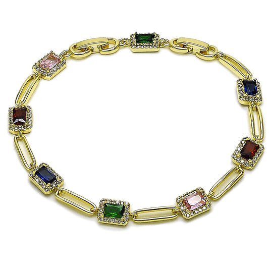 Gold Plated Gold Filled Oro Laminado Oro Laminado Tennis Bracelet, Gold Filled Style Cluster Design, with White and Multicolor Cubic Zirconia, Polished, Golden 
