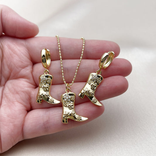 Oro Laminado Earring and Pendant Adult Set, Gold Filled Style Shoes and Flower Design, with White Cubic Zirconia, Polished, Golden Finish