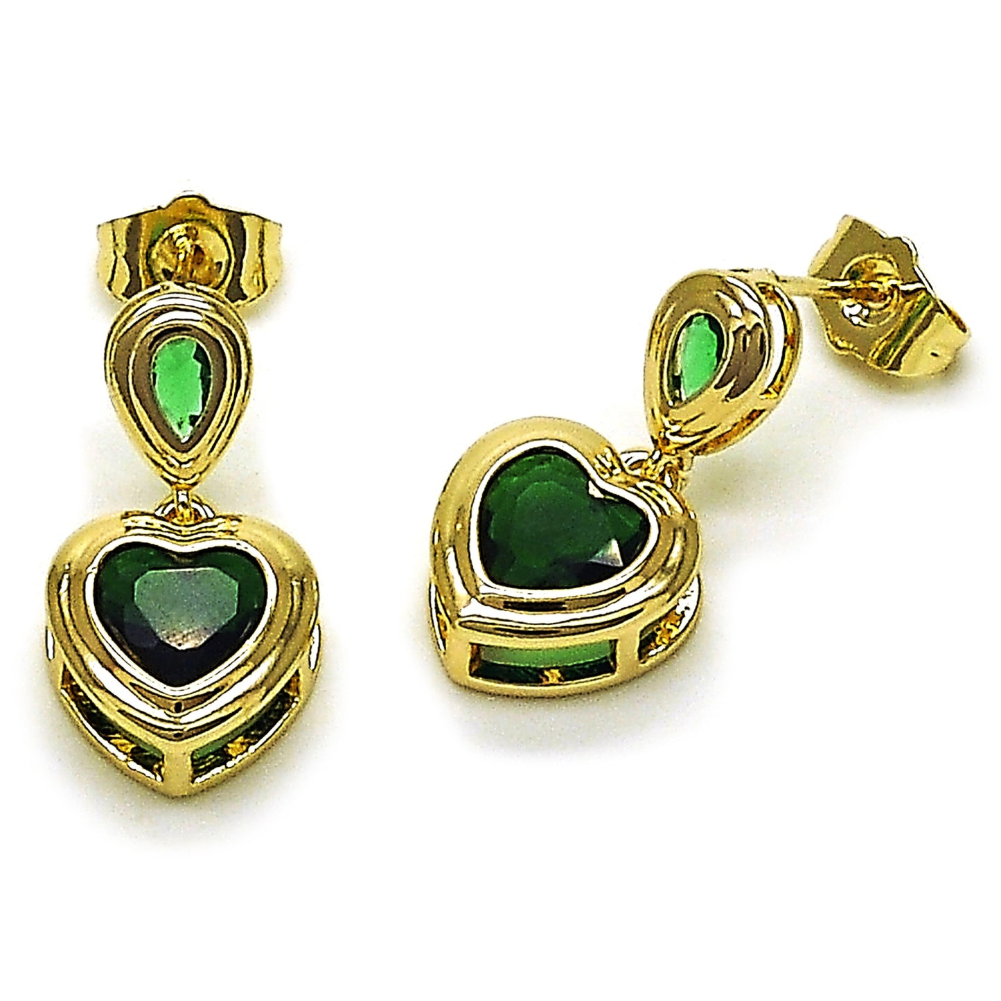 Gold Plated Gold Filled Oro Laminado Oro Laminado Dangle Earring, Gold Filled Style Heart and Teardrop Design, with Green Cubic Zirconia, Polished, Golden 