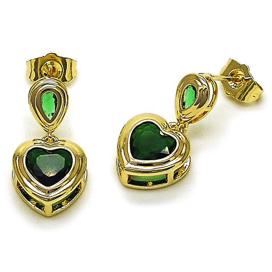 Gold Plated Gold Filled Oro Laminado Oro Laminado Dangle Earring, Gold Filled Style Heart and Teardrop Design, with Green Cubic Zirconia, Polished, Golden 
