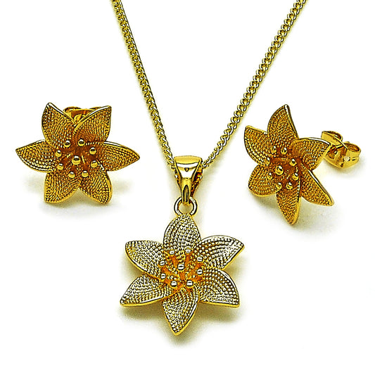 Oro Laminado Earring and Pendant Adult Set, Gold Filled Style Flower Design, Matte Finish