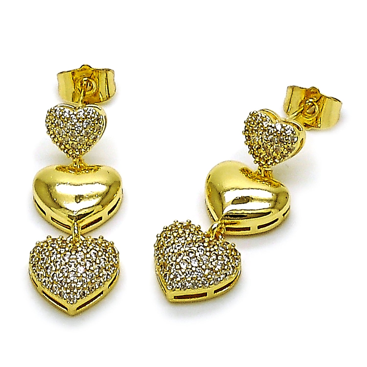 Gold Plated Gold Filled Oro Laminado Oro Laminado Long Earring, Gold Filled Style Heart Design, with White Cubic Zirconia, Polished, Golden 