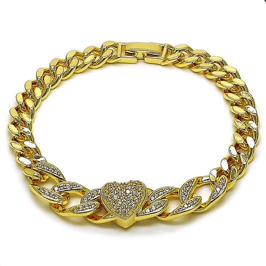 Gold Plated Gold Filled Oro Laminado Oro Laminado Fancy Bracelet, Gold Filled Style Heart and Miami Cuban Design, with White Cubic Zirconia and White Micro Pave, Polished, Golden 