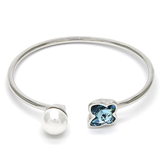 Rhodium Plated Individual Bangle, Butterfly Design, with Aquamarine Swarovski Crystals and Ivory Pearl, Polished, Rhodium Finish