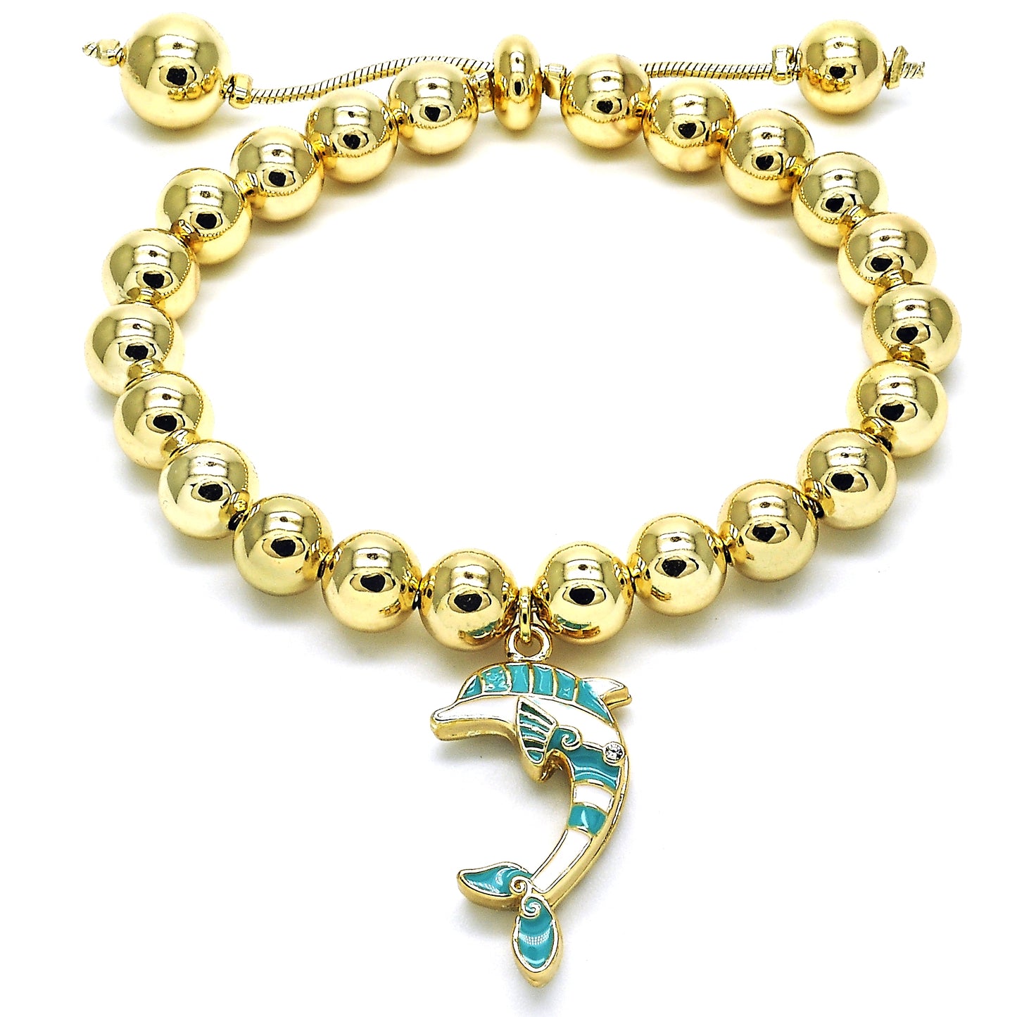 Oro Laminado Adjustable Bolo Bracelet, Gold Filled Style Dolphin and Ball Design, with White Crystal, Turquoise Enamel Finish